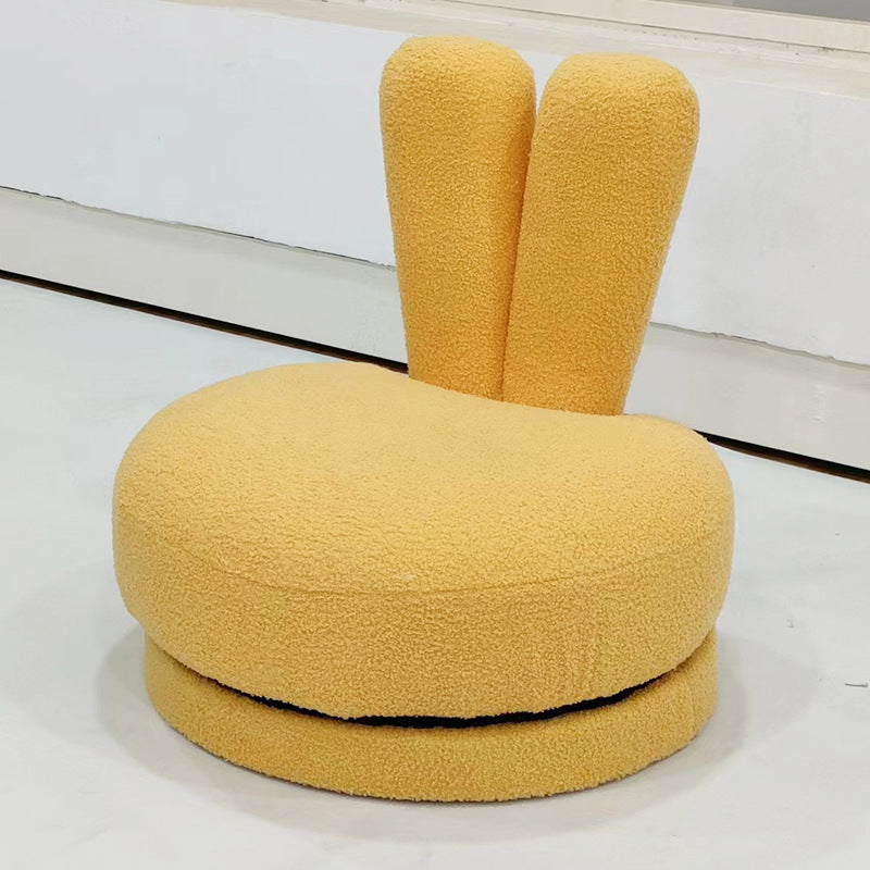 Modern Minimalist Kids Round Stool with Bunny-Ear Backrest — Solid Wood, Sherpa Fabric, Low-Profile for Living Room