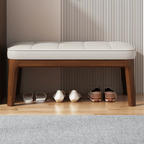 Banco Zapatero Nórdico Contemporáneo en Piel Sintética con Estructura de Madera Maciza y Tapicería de Cuadrícula Rectangular para Recibidor y Sala de Estar
