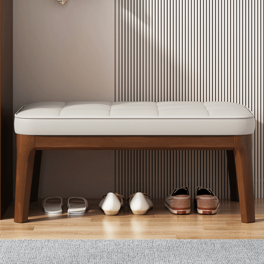 Banco Zapatero Nórdico Contemporáneo en Piel Sintética con Estructura de Madera Maciza y Tapicería de Cuadrícula Rectangular para Recibidor y Sala de Estar