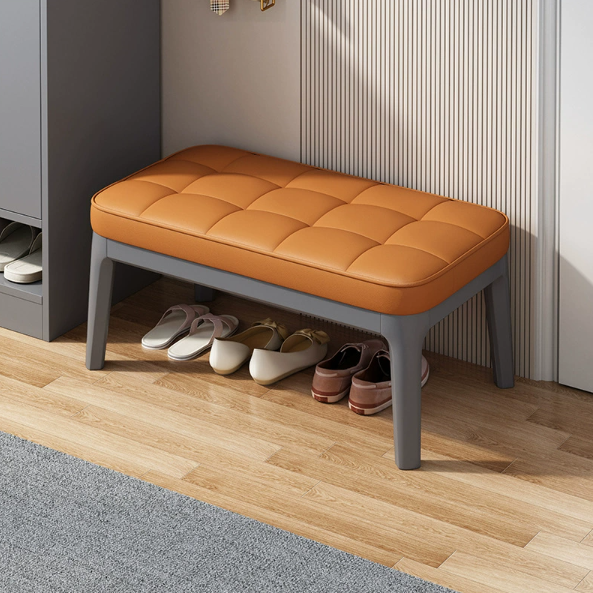 Contemporary Scandinavian PU Leather Shoe Bench in Solid Wood with Rectangular Grid Upholstery for Entryway & Living Room