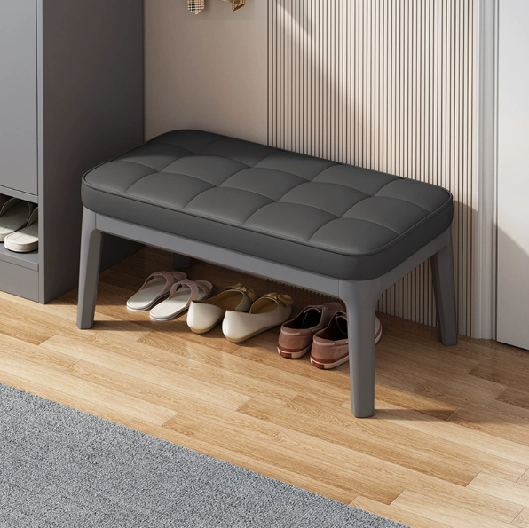 Contemporary Scandinavian PU Leather Shoe Bench in Solid Wood with Rectangular Grid Upholstery for Entryway & Living Room