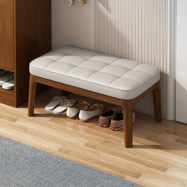 Banco Zapatero Nórdico Contemporáneo en Piel Sintética con Estructura de Madera Maciza y Tapicería de Cuadrícula Rectangular para Recibidor y Sala de Estar