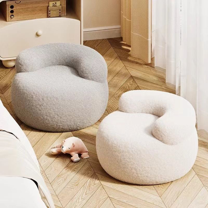 Modern Minimalist Solid Wood Round Stool with Curved Backrest and Sherpa Fabric — Low-Profile Living Room Seat