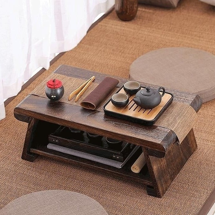 Mesa de centro tradicional japonesa de madera maciza plegable, rectangular redondeada, de 2 niveles para sala de estar