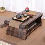 Mesa de centro tradicional japonesa de madera maciza plegable, rectangular redondeada, de 2 niveles para sala de estar