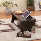 Mesa de centro tradicional japonesa de madera maciza plegable, rectangular redondeada, de 2 niveles para sala de estar