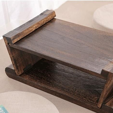 Mesa de centro tradicional japonesa de madera maciza plegable, rectangular redondeada, de 2 niveles para sala de estar
