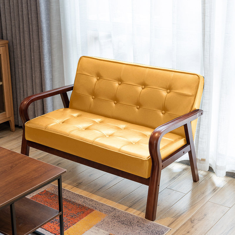 Traditional Vintage Oiled Wax Leather Solid Wood Plywood Rectangular Rounded Sofa 2-Seater With Armrest Backrest For Living Room