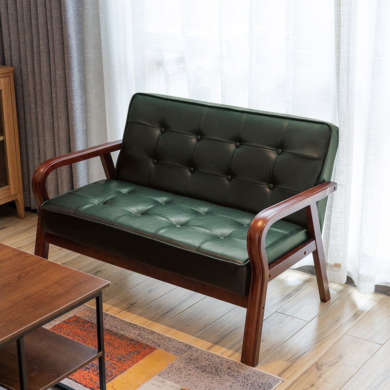 Traditional Vintage Oiled Wax Leather Solid Wood Plywood Rectangular Rounded Sofa 2-Seater With Armrest Backrest For Living Room