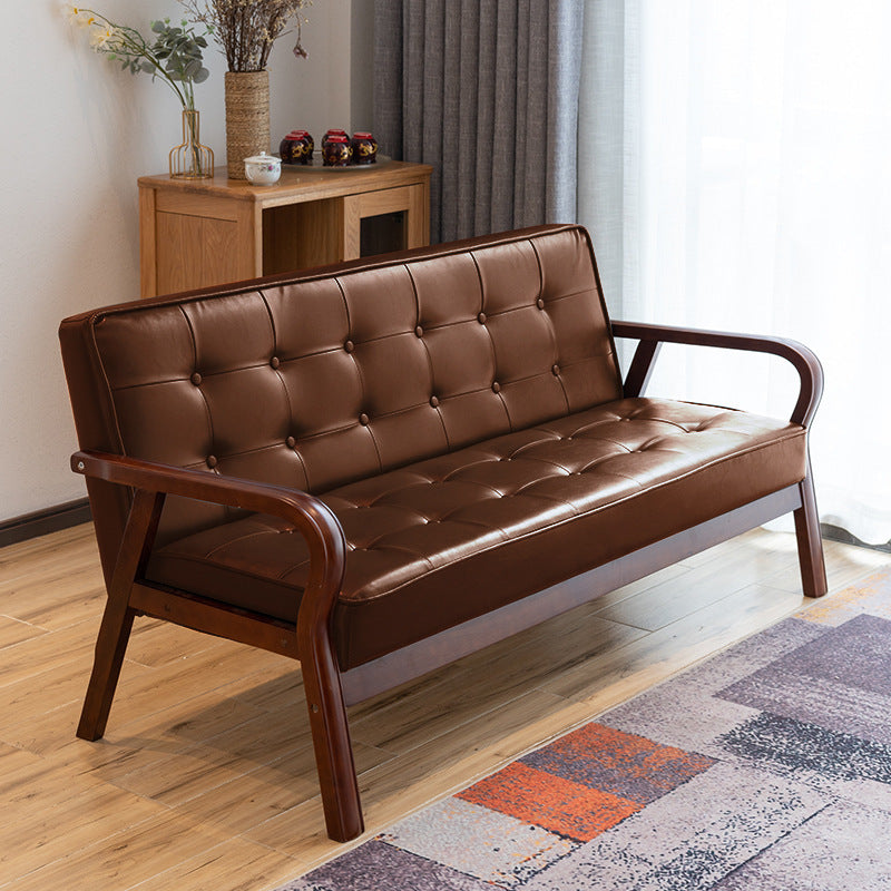 Traditional Vintage Oiled Wax Leather Solid Wood Plywood Rectangular Rounded Sofa 2-Seater With Armrest Backrest For Living Room