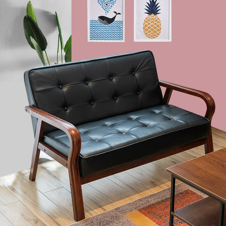 Traditional Vintage Oiled Wax Leather Solid Wood Plywood Rectangular Rounded Sofa 2-Seater With Armrest Backrest For Living Room