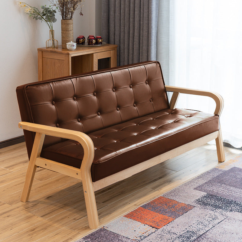 Traditional Vintage Oiled Wax Leather Solid Wood Plywood Rectangular Rounded Sofa 2-Seater With Armrest Backrest For Living Room