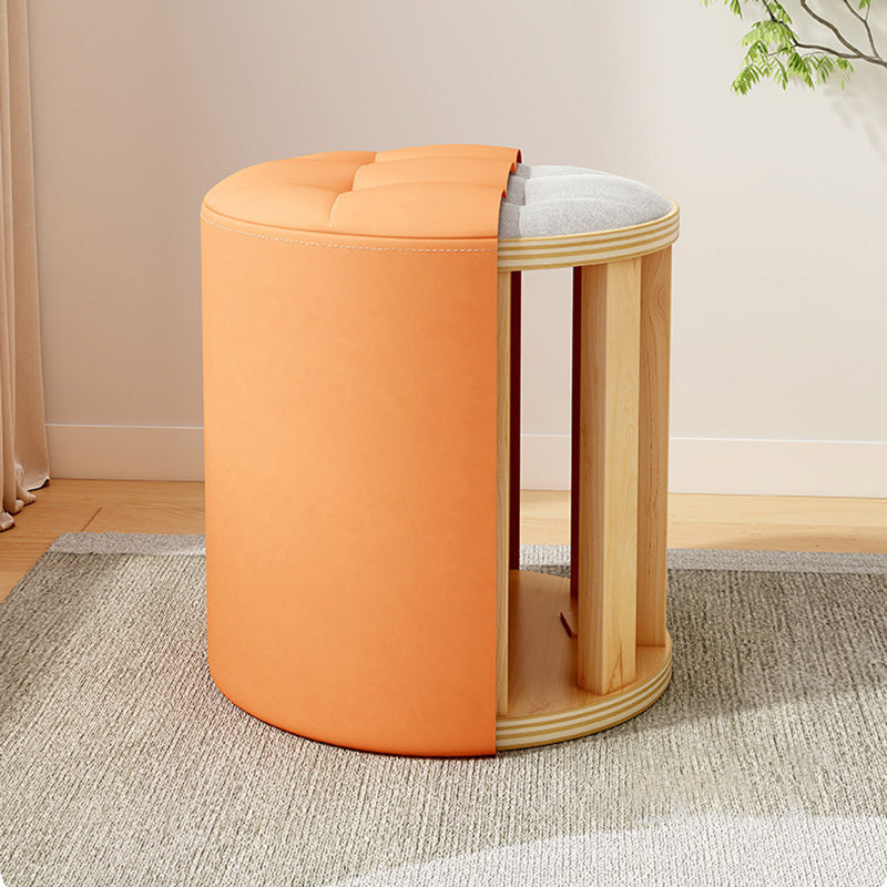 Modern Minimalist Round Solid Wood Leather Stool - Cat-Scratch Resistant - Ideal Living Room Accent