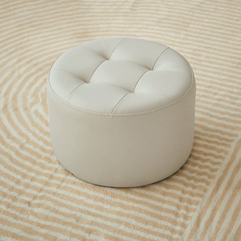Contemporary Scandinavian Cat-Scratch Leather Round Cylinder Low Stool - Pine Wood Living Room Accent