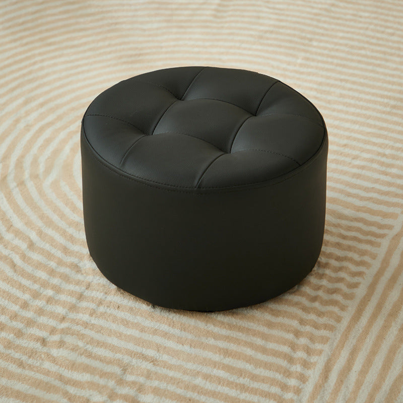 Contemporary Scandinavian Cat-Scratch Leather Round Cylinder Low Stool - Pine Wood Living Room Accent