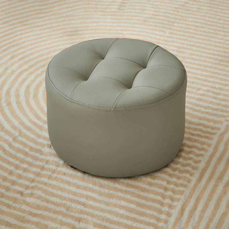Contemporary Scandinavian Cat-Scratch Leather Round Cylinder Low Stool - Pine Wood Living Room Accent