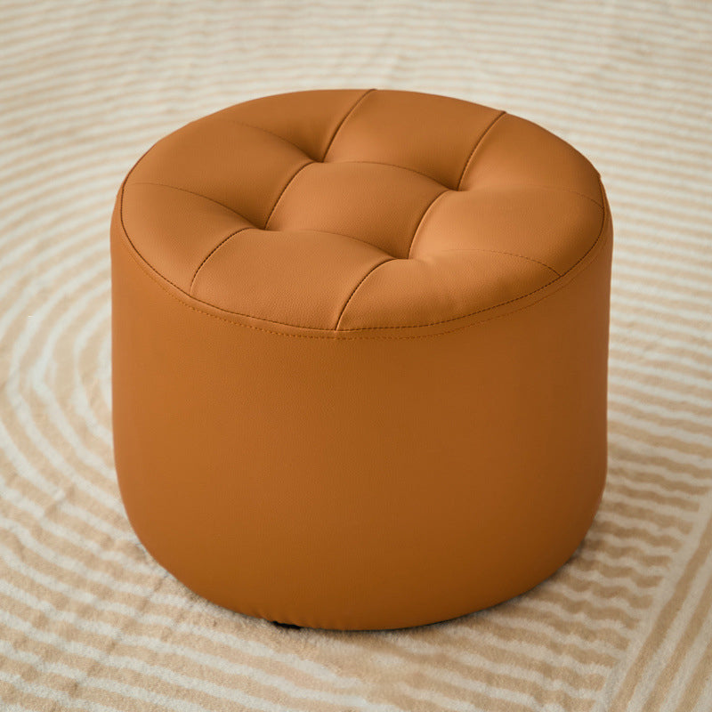 Contemporary Scandinavian Cat-Scratch Leather Round Cylinder Low Stool - Pine Wood Living Room Accent