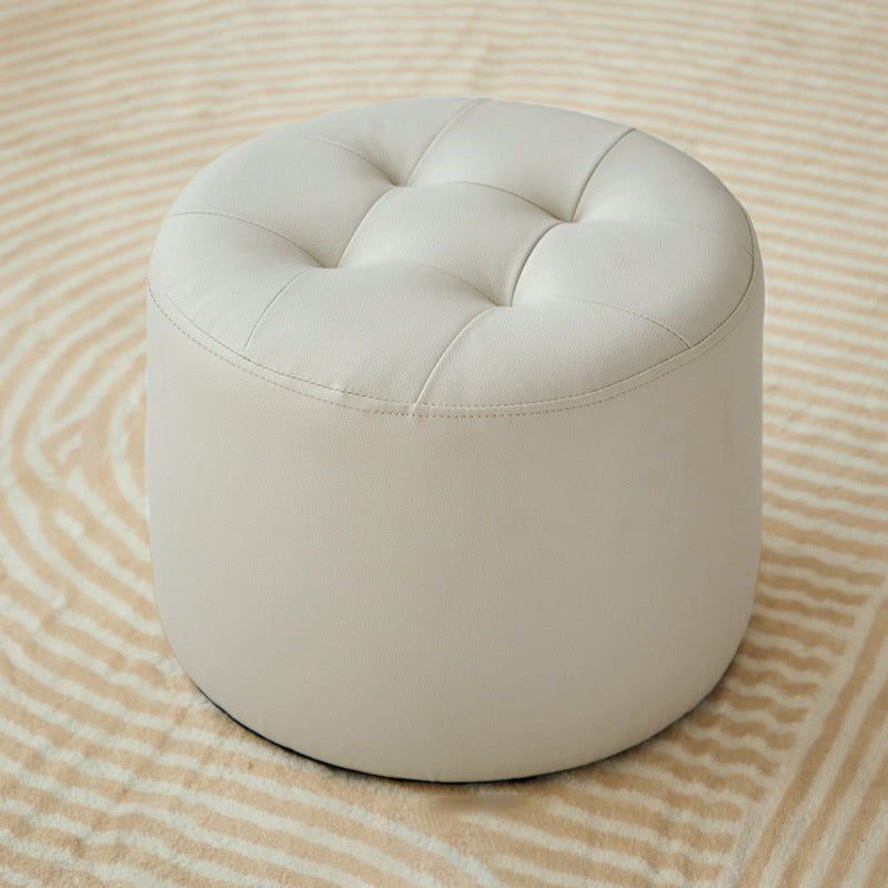 Contemporary Scandinavian Cat-Scratch Leather Round Cylinder Low Stool - Pine Wood Living Room Accent