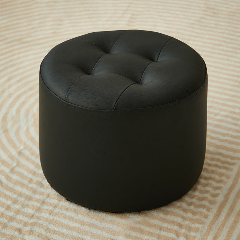 Contemporary Scandinavian Cat-Scratch Leather Round Cylinder Low Stool - Pine Wood Living Room Accent
