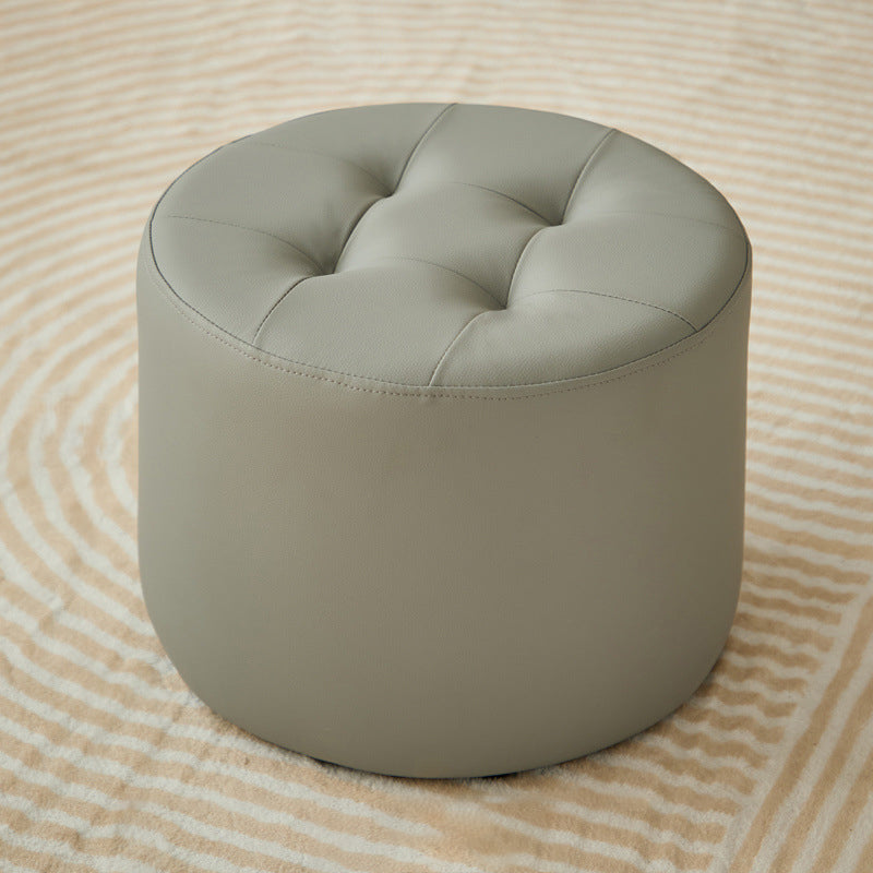 Contemporary Scandinavian Cat-Scratch Leather Round Cylinder Low Stool - Pine Wood Living Room Accent