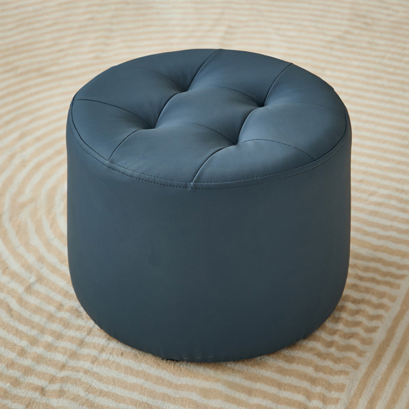 Contemporary Scandinavian Cat-Scratch Leather Round Cylinder Low Stool - Pine Wood Living Room Accent
