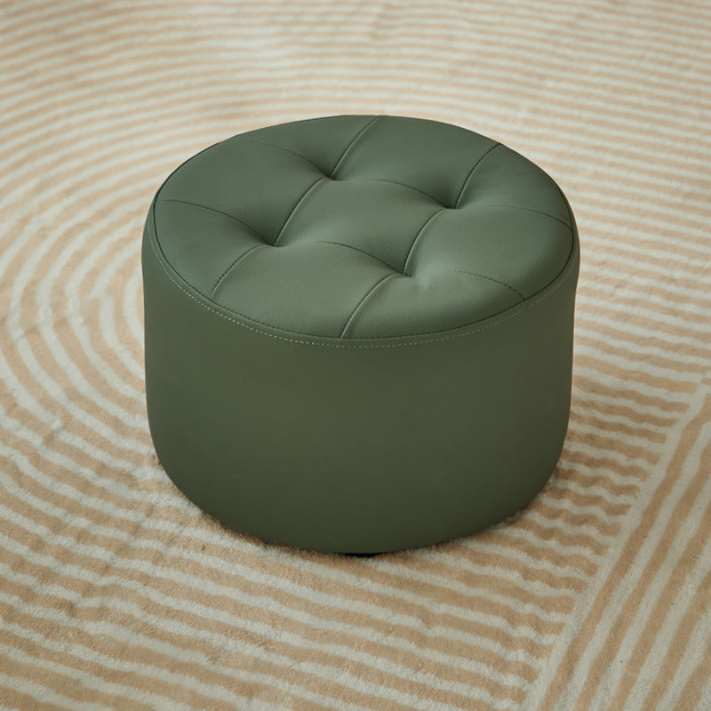 Contemporary Scandinavian Cat-Scratch Leather Round Cylinder Low Stool - Pine Wood Living Room Accent