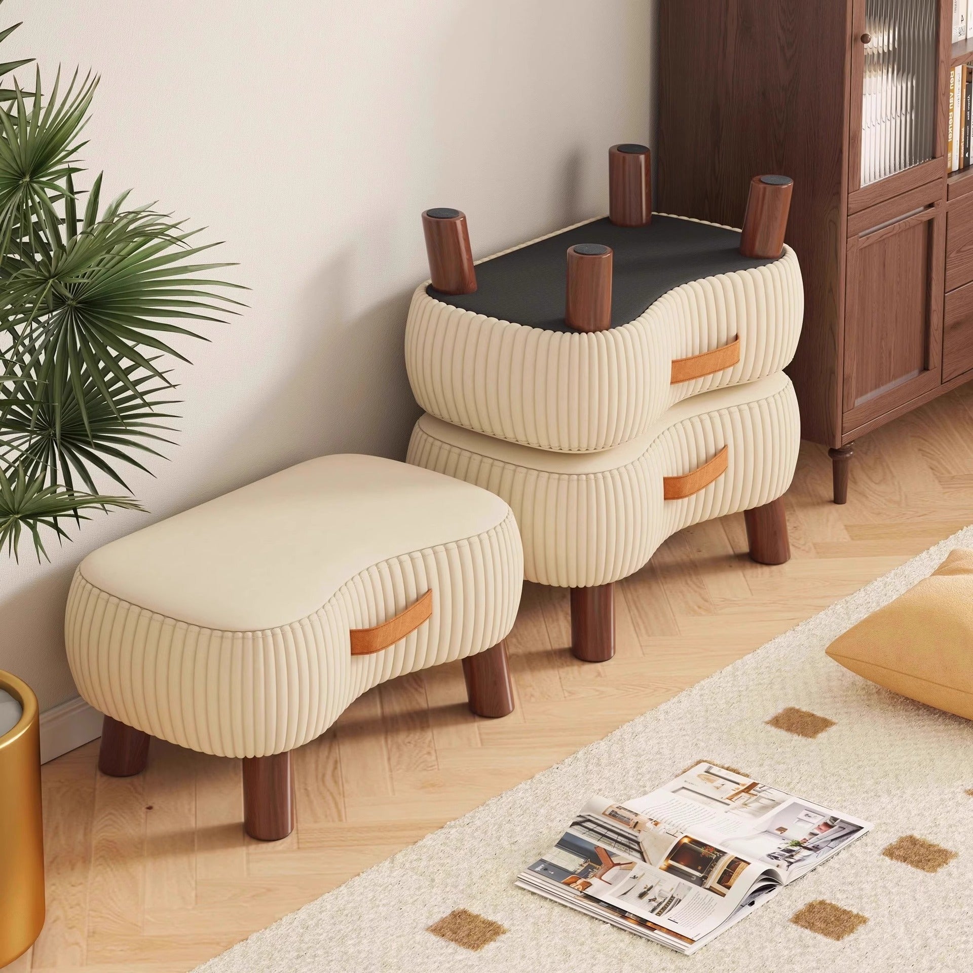 Contemporary Scandinavian-Inspired Low Stool with Solid Wood Frame and Soap-Shaped Cylinder Upholstery in Synthetic Fabric for the Living Room