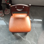 Traditional Chinese Faux Leather Curved Cylinder Stool with Pine Wood Backrest — Low, Stylish Living Room Seat