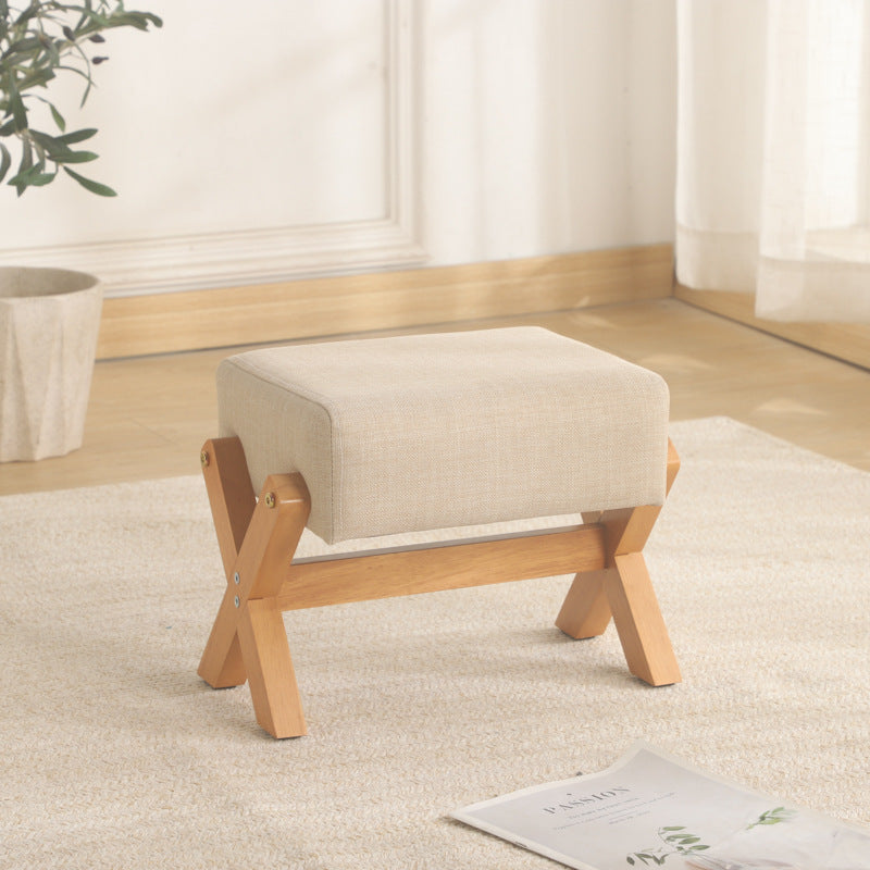 Sleek Modern Minimalist Rubberwood Linen X-Shaped Square Low Stool for Living Room
