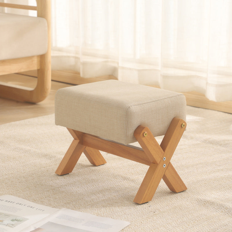 Sleek Modern Minimalist Rubberwood Linen X-Shaped Square Low Stool for Living Room