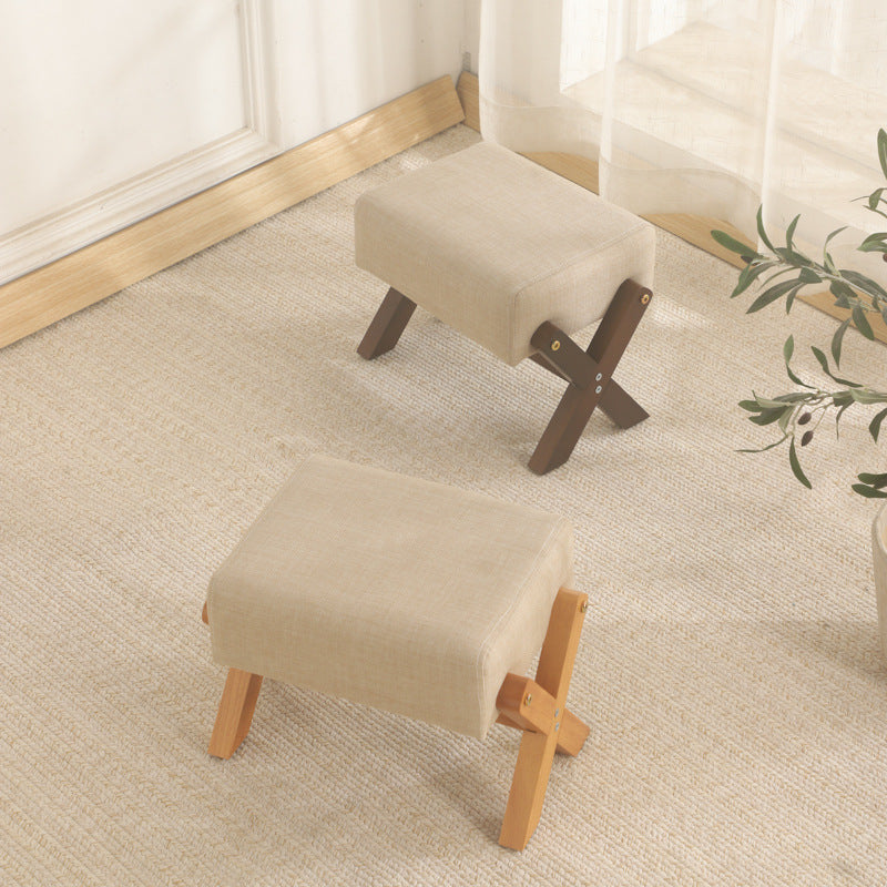 Sleek Modern Minimalist Rubberwood Linen X-Shaped Square Low Stool for Living Room