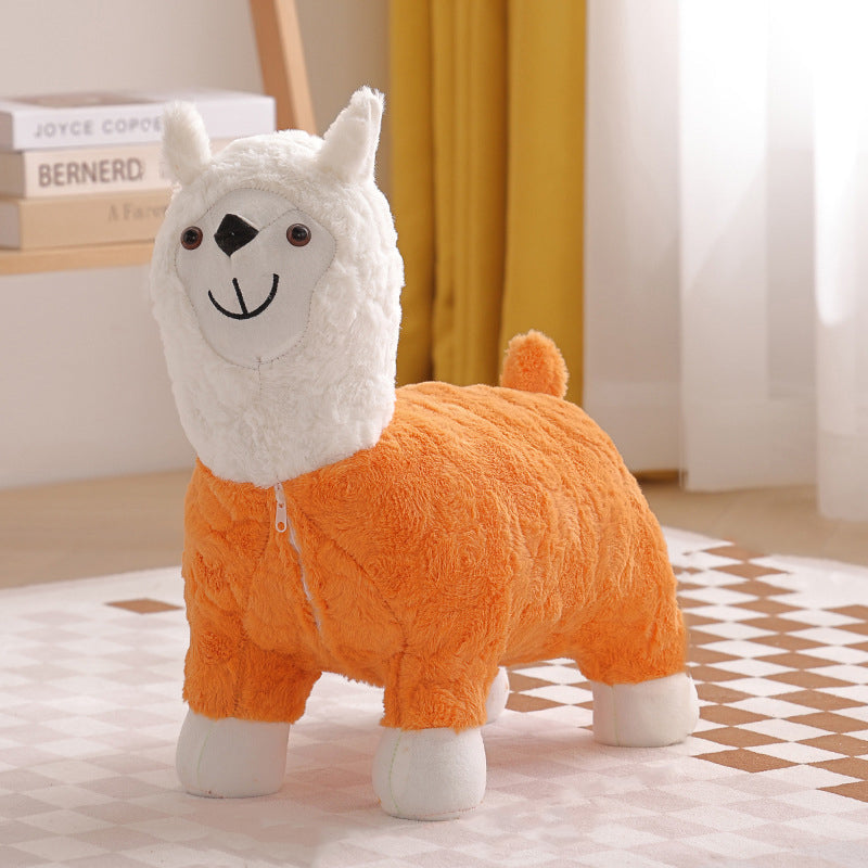 Modern Art Deco Alpaca-Shaped Solid Wood Kids' Stool — Low-Profile, Silk-Floss Finish, Perfect for Living Rooms