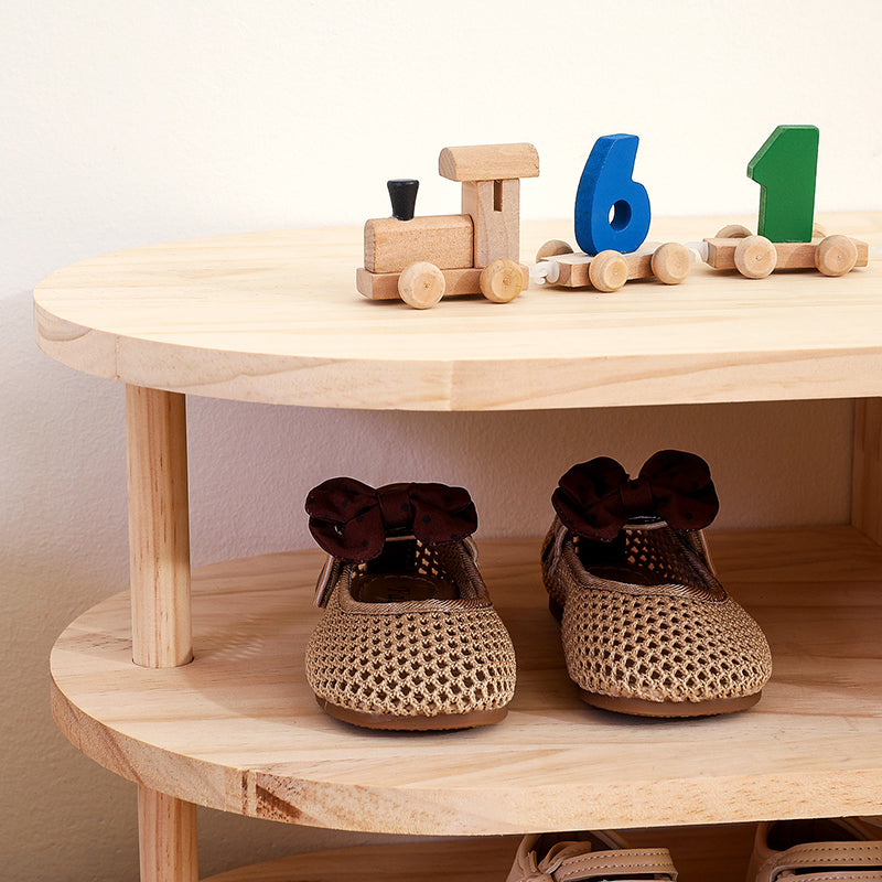 Zapatero Tradicional Japonés Cuadrado Curvo de Madera de Pino de 2 Niveles Para Niños Para Sala de Estar