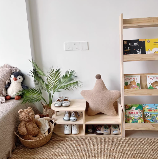 Zapatero Tradicional Japonés Cuadrado Curvo de Madera de Pino de 2 Niveles Para Niños Para Sala de Estar