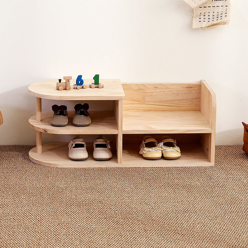 Zapatero Tradicional Japonés Cuadrado Curvo de Madera de Pino de 2 Niveles Para Niños Para Sala de Estar