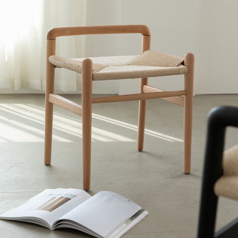 Traditional Chinese Kraft Paper Rope Rubberwood Low Stool with Backrest – Square Cylindrical Design for Living Room