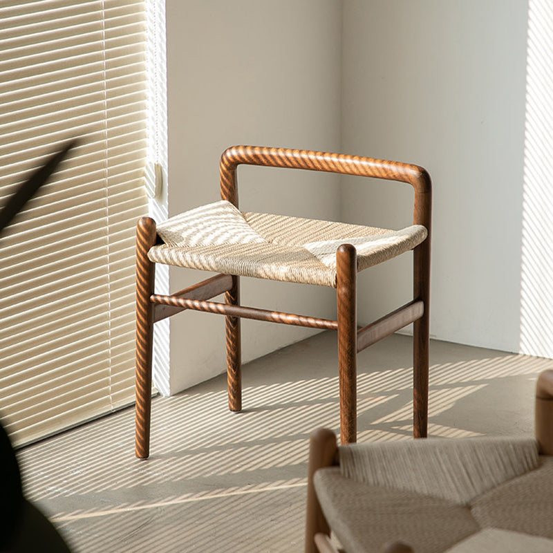 Traditional Chinese Kraft Paper Rope Rubberwood Low Stool with Backrest – Square Cylindrical Design for Living Room