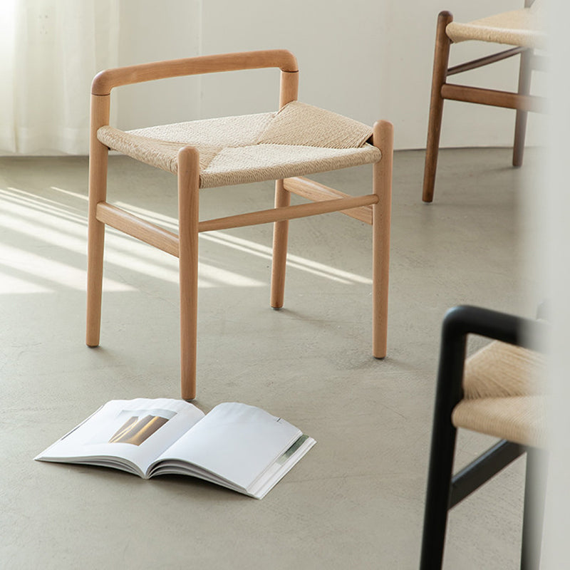 Traditional Chinese Kraft Paper Rope Rubberwood Low Stool with Backrest – Square Cylindrical Design for Living Room