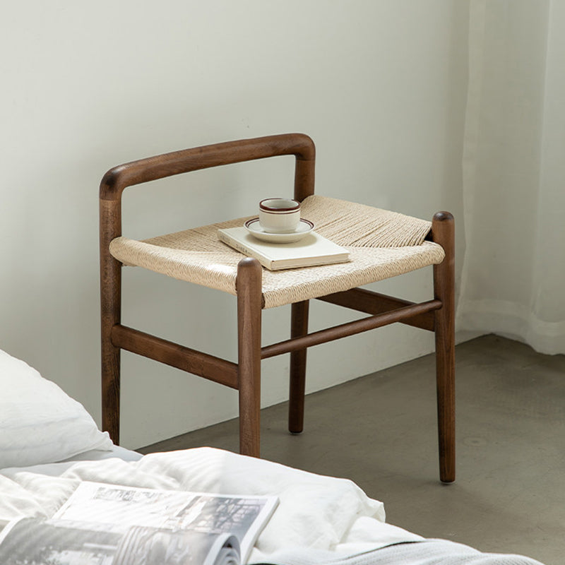 Traditional Chinese Kraft Paper Rope Rubberwood Low Stool with Backrest – Square Cylindrical Design for Living Room