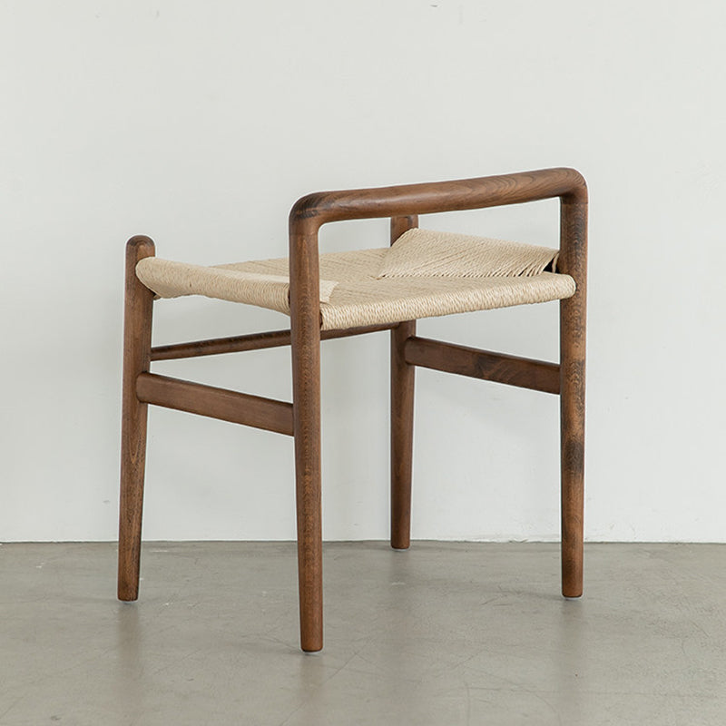 Traditional Chinese Kraft Paper Rope Rubberwood Low Stool with Backrest – Square Cylindrical Design for Living Room