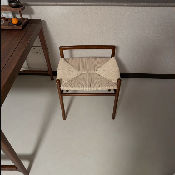 Traditional Chinese Kraft Paper Rope Rubberwood Low Stool with Backrest – Square Cylindrical Design for Living Room