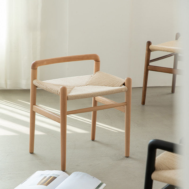 Traditional Chinese Kraft Paper Rope Rubberwood Low Stool with Backrest – Square Cylindrical Design for Living Room