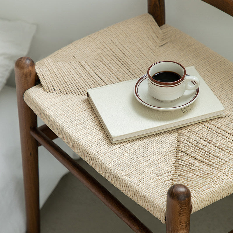Traditional Chinese Kraft Paper Rope Rubberwood Low Stool with Backrest – Square Cylindrical Design for Living Room