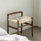 Traditional Chinese Kraft Paper Rope Rubberwood Low Stool with Backrest – Square Cylindrical Design for Living Room