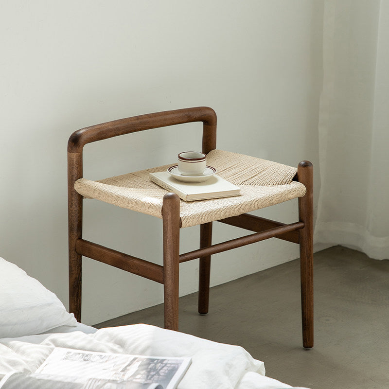 Traditional Chinese Kraft Paper Rope Rubberwood Low Stool with Backrest – Square Cylindrical Design for Living Room