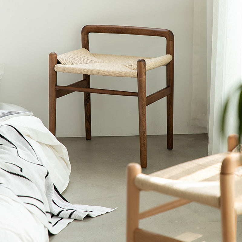 Traditional Chinese Kraft Paper Rope Rubberwood Low Stool with Backrest – Square Cylindrical Design for Living Room