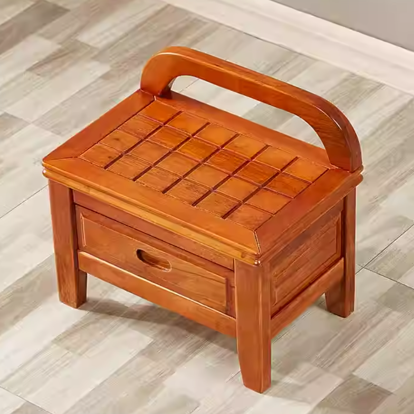 Traditional Chinese Solid Wood Grid-Square Low Stool with Backrest for Living Room - Elegant, Compact Seating
