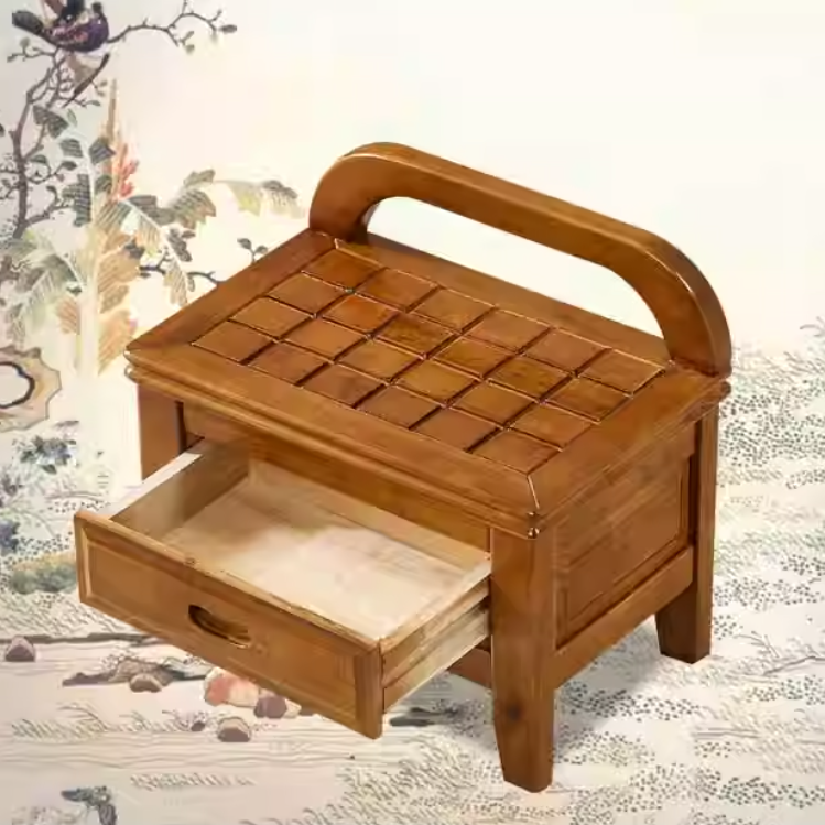Traditional Chinese Solid Wood Grid-Square Low Stool with Backrest for Living Room - Elegant, Compact Seating