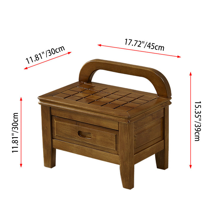 Traditional Chinese Solid Wood Grid-Square Low Stool with Backrest for Living Room - Elegant, Compact Seating