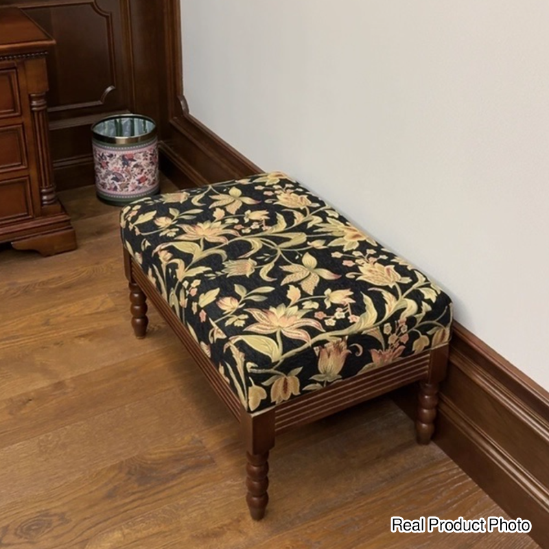 Elegante taburete bajo curvo cuadrado de madera de fresno con lino vintage tradicional para sala de estar